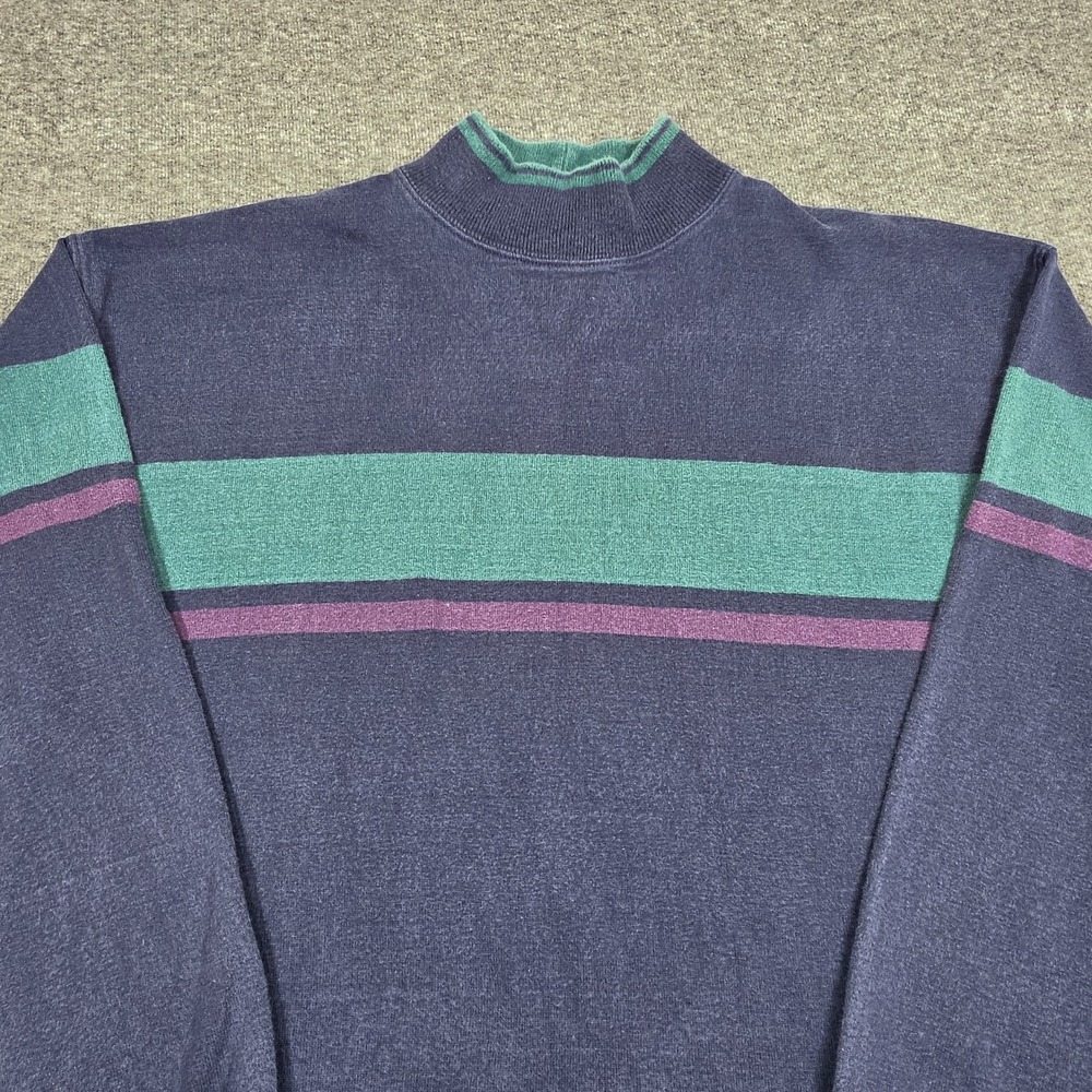 Vintage LL Bean Shirt Men Large Blue Outdoor Hike 80s 90s Striped Mock Neck USA
